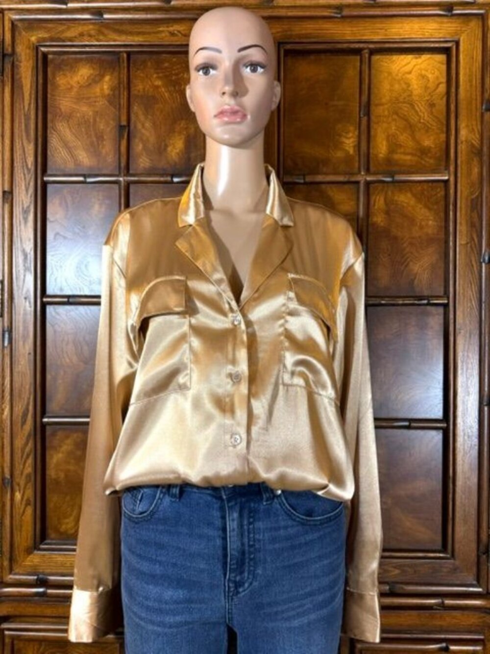 New York & Company Soft Gold Premium Satin Button Down Pocket Shirt Jacket